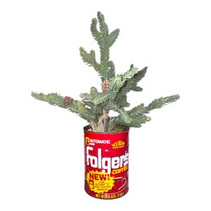 Vintage Automatic Drip Folger’s Antique Coffee Tin Can with Small Christmas tree - farmhouse decor, retro, old, can, old, country, 1 pound