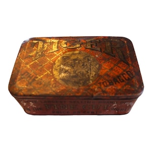 Vintage Tiger Chewing Tobacco Tin Can - fine cut, 25 cents, bright, largest selling brand in the world, graphics, farmhouse, succulents