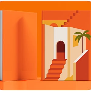 May include: A book cover with an illustration of a building with a doorway and steps, a palm tree, and a yellow sun. The building is white with orange accents. The background is orange.