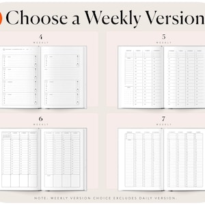 K&ouml;nnte beinhalten: Ein Planer-Layout-Auswahlleitfaden mit vier verschiedenen Wochen&uuml;bersichten, beschriftet mit 4 Weekly, 5 Weekly, 6 Weekly und 7 Weekly. Der Text lautet Choose a Weekly Version und Note: Weekly version choice excludes daily version.