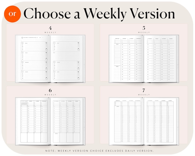 K&ouml;nnte beinhalten: Ein Planer-Layout-Auswahlleitfaden mit vier verschiedenen Wochen&uuml;bersichten, beschriftet mit 4 Weekly, 5 Weekly, 6 Weekly und 7 Weekly. Der Text lautet Choose a Weekly Version und Note: Weekly version choice excludes daily version.