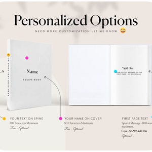 May include: A white recipe book with the word "Name" on the cover. The text "RECIPE BOOK" is below the name. The spine text reads "YOUR SPINE TEXT GOES HERE". The text "Personalized Options" is at the top.