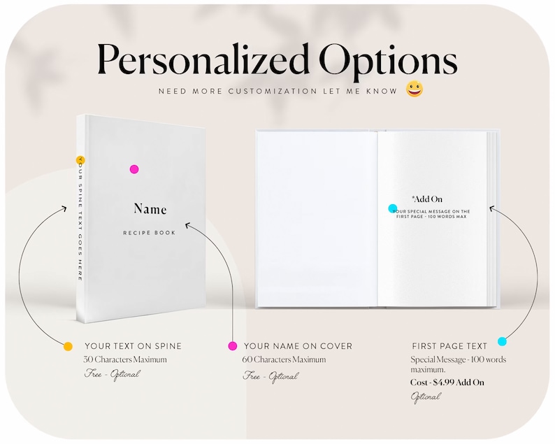 May include: A white recipe book with the word "Name" on the cover. The text "RECIPE BOOK" is below the name. The spine text reads "YOUR SPINE TEXT GOES HERE". The text "Personalized Options" is at the top.