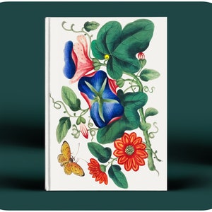 Könnte beinhalten: Eine Vintage-Illustration eines Blumenarrangements mit einer blauen und rosa Blume, einer roten Blume und einem Schmetterling. Die Blumen sind von grünen Blättern und Ranken umgeben.