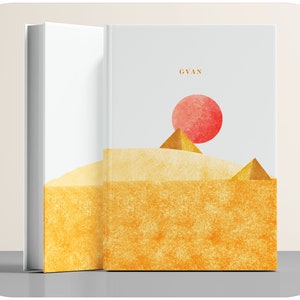 May include: A book cover with a minimalist design featuring a red sun setting over a desert landscape with two golden pyramids. The title "GYAN" is printed in white at the top of the cover.