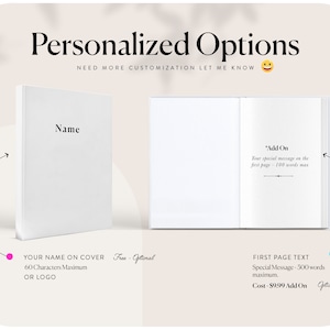 May include: A white book with the word "Name" on the cover. The book is open to the first page, which has the text "Add On" and "Your special message on the first page - 100 words max". The image also includes text that says "Your name on cover - Free - Optional" and "60 characters maximum or logo". The image also includes text that says "First page text - Special message - 500 words maximum. Cost - $9.99 Add On - Optional".