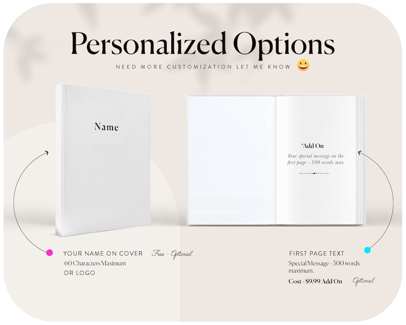 May include: A white book with the word "Name" on the cover. The book is open to the first page, which has the text "Add On" and "Your special message on the first page - 100 words max". The image also includes text that says "Your name on cover - Free - Optional" and "60 characters maximum or logo". The image also includes text that says "First page text - Special message - 500 words maximum. Cost - $9.99 Add On - Optional".