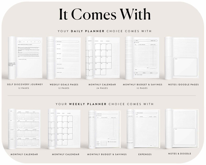 May include: A collage of images showing the different sections included in a daily and weekly planner. The daily planner includes sections for self-discovery, weekly goals, monthly calendar, monthly budget and savings, and notes/doodle pages. The weekly planner includes sections for monthly calendar, monthly budget and savings, expenses, and notes/doodle pages.