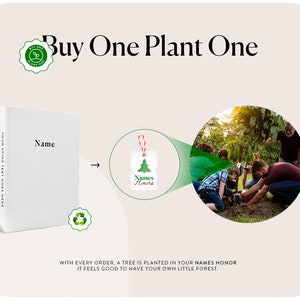 May include: White book with the word "Name" on the cover. The text "Buy One Plant One" is at the top. A tag with a Christmas tree design and the words "Names Honors" is shown. The image includes a recycling symbol and a photo of people planting a tree.