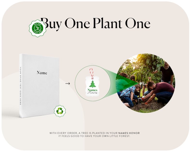 May include: White book with the word "Name" on the cover. The text "Buy One Plant One" is at the top. A tag with a Christmas tree design and the words "Names Honors" is shown. The image includes a recycling symbol and a photo of people planting a tree.