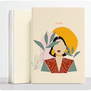 Könnte beinhalten: Ein beigefarbener Buchumschlag mit einer stilisierten Illustration einer Frau mit schwarzen Haaren, die ein rot-orangefarbenes gemustertes Kleid trägt, mit gelben Ohrringen und einer goldenen Halskette. Die Illustration ist von grünen Blättern und abstrakten Formen in Rosa, Gelb und Blau umgeben. Der Text "GVAN" ist in Schwarz oben auf dem Umschlag gedruckt.