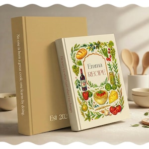 May include: Two hardcover recipe books. One is beige with the text "No one is born a great cook; one learns by doing." and "Est 2024." The other book is white with the title "Emma RECIPE" and food illustrations.