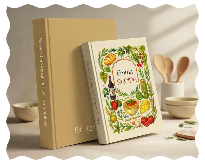 May include: Two hardcover recipe books. One is beige with the text "No one is born a great cook; one learns by doing." and "Est 2024." The other book is white with the title "Emma RECIPE" and food illustrations.