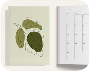 Puede incluir: Una agenda verde y blanca con un diseño de hoja en la portada. La agenda está abierta en febrero y tiene la palabra "GVAN" impresa en la portada.