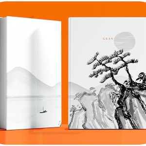 May include: Two white hardback books with black ink illustrations. The book on the right has the word "GYAN" printed on the cover and a black ink illustration of a mountain range with a pine tree and a circle.