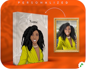 May include: A personalized canvas print featuring a cartoon illustration of a woman with curly hair wearing a yellow top. The text "Name" is written above the illustration.