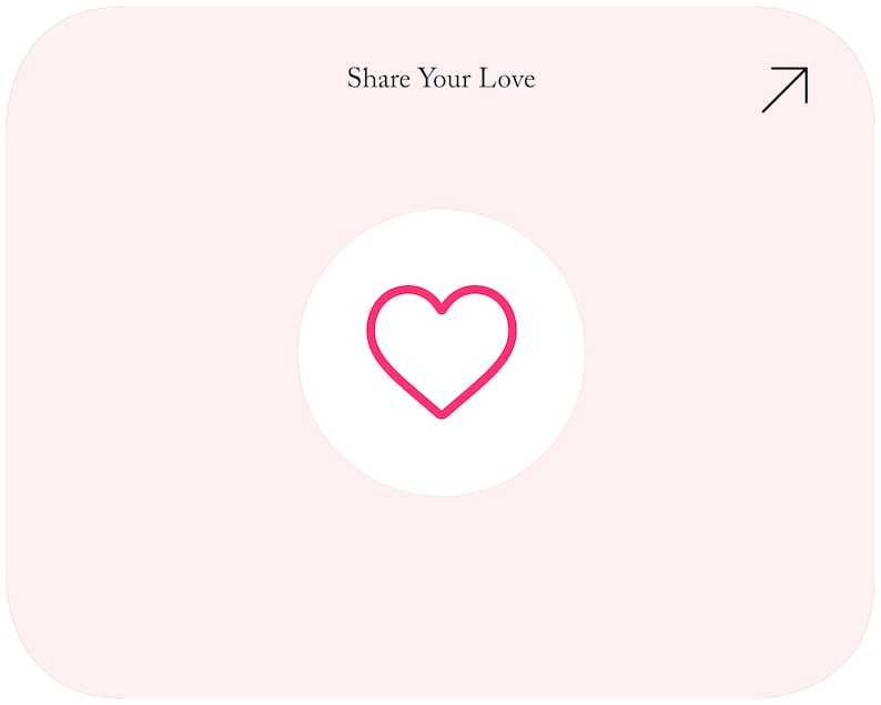 Może przedstawiać: Białe koło z r&oacute;żowym konturem serca na jasnor&oacute;żowym tle. Tekst "Share Your Love" znajduje się w g&oacute;rnej części obrazu.