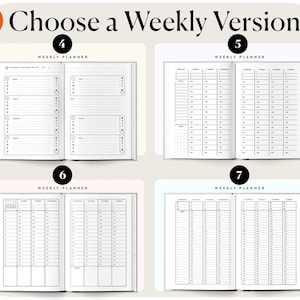 May include: Four different weekly planner layouts. Each layout is on a separate page and has a different design. The first layout has a simple design with numbered lines. The second layout has a grid design with numbered columns. The third layout has a grid design with numbered rows. The fourth layout has a grid design with numbered rows and columns.