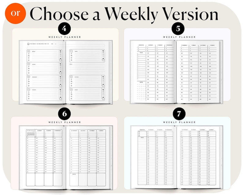May include: Four different weekly planner layouts. Each layout is on a separate page and has a different design. The first layout has a simple design with numbered lines. The second layout has a grid design with numbered columns. The third layout has a grid design with numbered rows. The fourth layout has a grid design with numbered rows and columns.