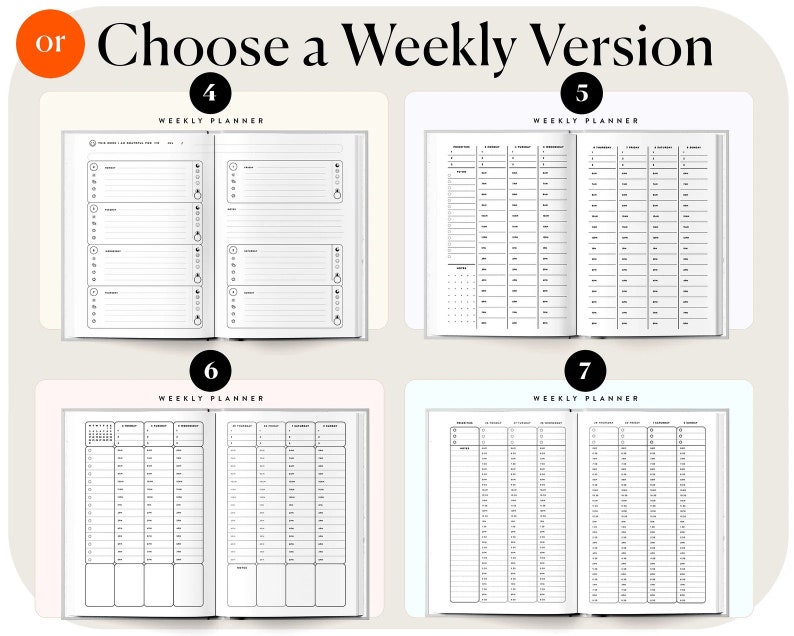 May include: Four different weekly planner layouts. Each layout is on a separate page and has a different design. The first layout has a simple design with numbered lines for each day of the week. The second layout has a more detailed design with a grid for each hour of the day. The third layout has a calendar at the top and a grid for each day of the week. The fourth layout has a simple design with a grid for each day of the week.