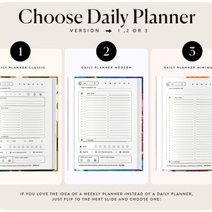 May include: Three different daily planner designs are shown. The first is labeled "Daily Planner Classic", the second is labeled "Daily Planner Modern", and the third is labeled "Daily Planner Minimalist".