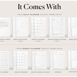 May include: A collage of images showing the different sections included in a daily and weekly planner. The daily planner includes sections for self-discovery, weekly goals, a monthly calendar, a monthly budget, and notes. The weekly planner includes sections for a monthly calendar, a monthly budget, expenses, and notes.