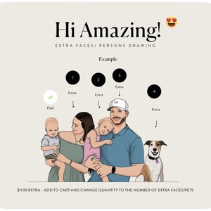 May include: An illustration of a family portrait with a dog. The family includes a man, a woman, a baby, and a toddler. The dog is a brown and white terrier. The image is an example of an extra face or person that can be added to a custom portrait. The text on the image reads "Hi Amazing! Extra Faces/Persons Drawing Example 1 Paid Extra 2 Extra 3 Extra 4 Extra $11.99 Extra - Add to cart and change quantity to the number of extra faces/pets"