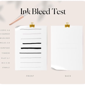 Może przedstawiać: Test rozmazywania atramentu na białym papierze z czarnymi liniami narysowanymi r&oacute;żnymi markerami. Markery są wymienione po lewej stronie papieru: Copic 0.8, Pash Marker, Mildliner, Parallel 3.8, Kuretake, Tombow, Pilot 0.7, Miji 0.38 i Stabilo. Tył papieru jest pusty.