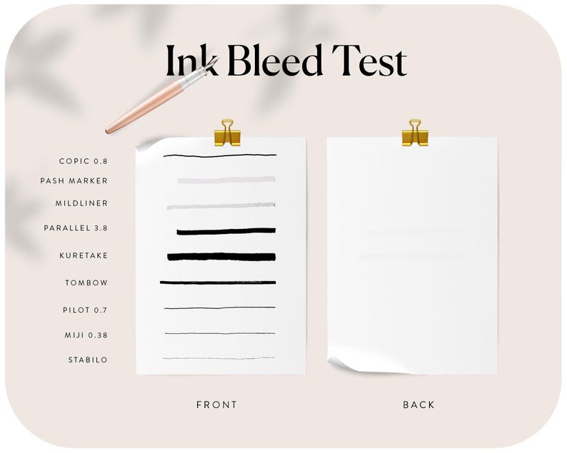 Może przedstawiać: Test rozmazywania atramentu na białym papierze z czarnymi liniami narysowanymi r&oacute;żnymi markerami. Markery są wymienione po lewej stronie papieru: Copic 0.8, Pash Marker, Mildliner, Parallel 3.8, Kuretake, Tombow, Pilot 0.7, Miji 0.38 i Stabilo. Tył papieru jest pusty.