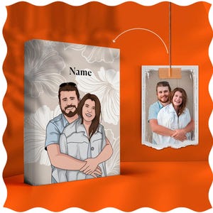 May include: A personalized illustration of a couple with the word "Name" printed above them. The illustration is on a white background with a floral pattern. The couple is wearing casual clothing and is embracing.