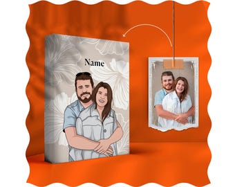 Könnte beinhalten: Eine personalisierte Illustration eines Paares mit dem Wort "Name" darüber gedruckt. Die Illustration ist auf einem weißen Hintergrund mit einem floralen Muster. Das Paar trägt Freizeitkleidung und umarmt sich.