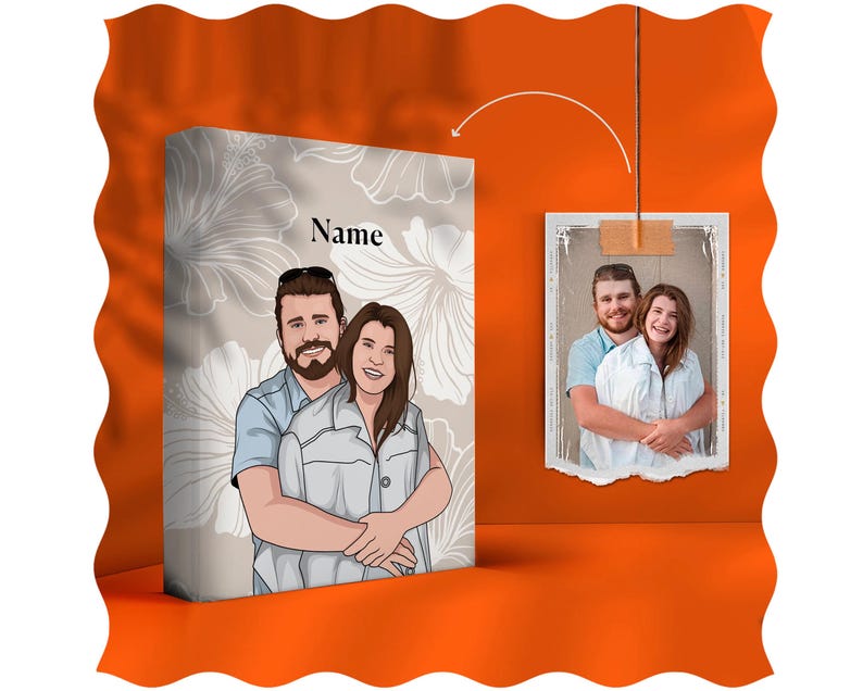 May include: A personalized illustration of a couple with the word "Name" printed above them. The illustration is on a white background with a floral pattern. The couple is wearing casual clothing and is embracing.