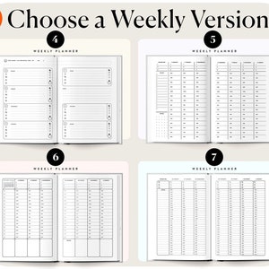 May include: Four different weekly planner layouts. Each layout is on a separate page and has a different design. The first layout has a simple design with numbered lines for each day of the week. The second layout has a more detailed design with a grid for each hour of the day. The third layout has a calendar at the top and a grid for each day of the week. The fourth layout has a simple design with a grid for each day of the week.