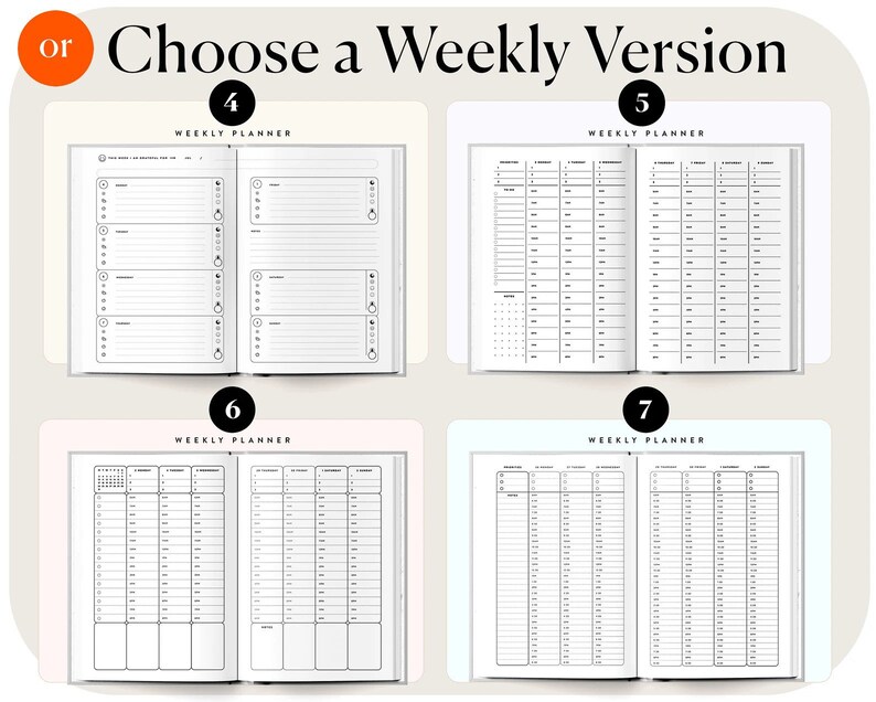 May include: Four different weekly planner layouts. Each layout is on a separate page and has a different design. The first layout has a simple design with numbered lines for each day of the week. The second layout has a more detailed design with a grid for each hour of the day. The third layout has a calendar at the top and a grid for each day of the week. The fourth layout has a simple design with a grid for each day of the week.