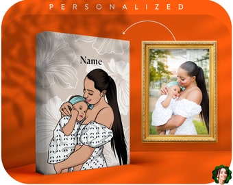 May include: Personalized canvas print featuring a cartoon illustration of a mother and child. The mother is holding the child in her arms. The background is a light gray with a floral pattern. The text "Name" is written at the top of the canvas.