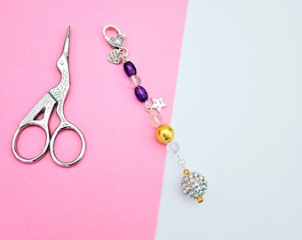 Scissor fob | sparkly disco ball and star | gold and purple handmade beaded scissor fob | bag charm gift | scissor charm minder