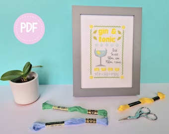 Gin & Tonic recipe - cross stitch pattern, learn to stitch