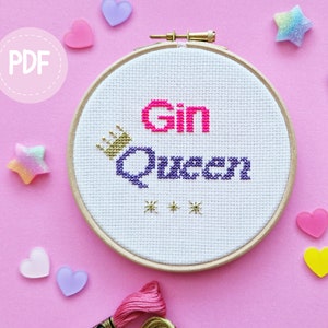 Gin Queen cross stitch pattern - instant digital download, learn to stitch, easy beginner gift