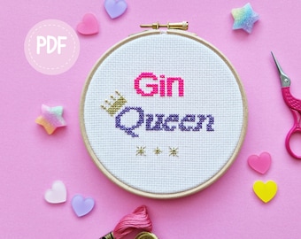 Gin Queen cross stitch pattern - instant digital download, learn to stitch, easy beginner gift