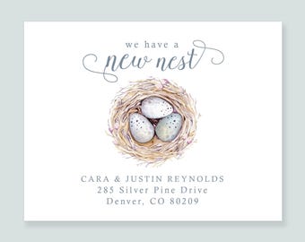 New Nest Moving Announcement Cards: Bird's Nest Design with Names and Address