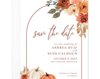Fall Floral and Pumpkins Save The Date Cards: 4.25x5.5" Engagement Announcements with Envelopes