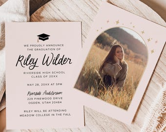 5x7 Blush Pink Graduation Ceremony Invitation Announcements with Photo: Double-sided, Envelopes Included
