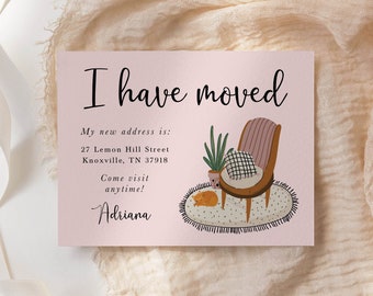 Cat, Plant, and Chair Moving Announcements, New Address Cards, Flat 5.5x4.25" Personalized Moving Cards with White or Kraft Envelopes