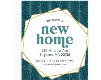 Modern Art Deco Moving Announcement Cards: Teal & Gold New Home Notecards