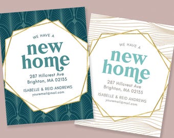 Modern Art Deco Moving Announcement Cards: Teal & Gold New Home Notecards
