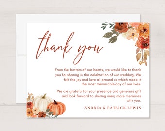 Pumpkins Wedding Thank You Cards, Fall Floral, Customized With Names