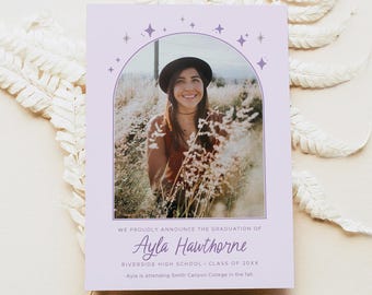 5x7 Purple Graduation Photo Announcements Boho Arch and Stars - Envelopes Included