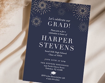 5x7 Graduation Party Invitations with Premium Envelopes, Class of 2024, Navy Grad Party Announcements