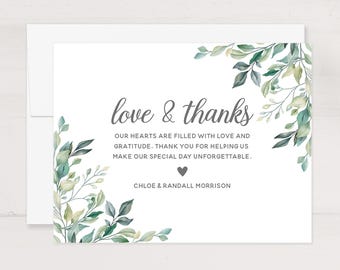 Greenery Wedding Thank You Cards with Envelopes, Custom Names