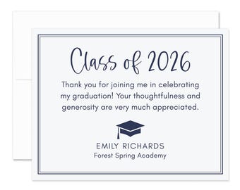 Navy Class of 2026 Graduation Thank You Cards with Envelopes